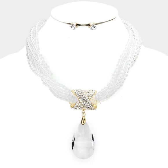 Twisted Beaded Clear Crystal Teardrop Necklace Set - Picture 1 of 7